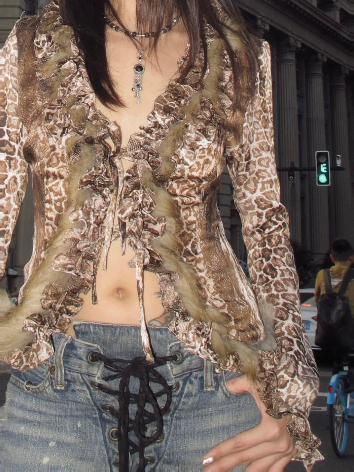 Leopard Gilded Wild Chic Cinched Ruffle Trim Tie-Front Cardigan
