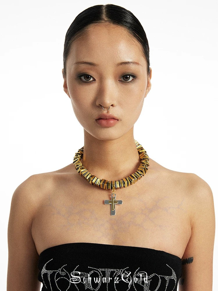 Gold and Silver Contrasting Cross Necklace