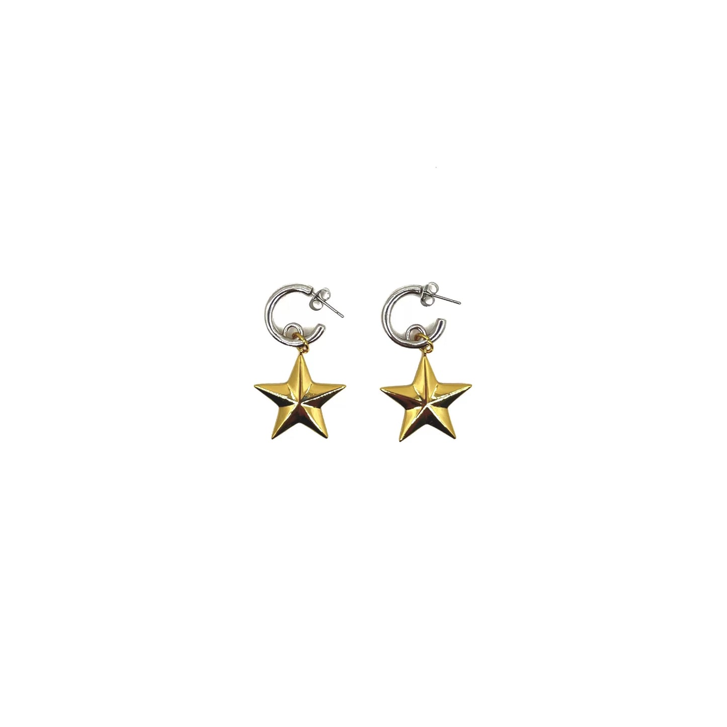 Gold and Silver Contrasting 3D Star Earrings