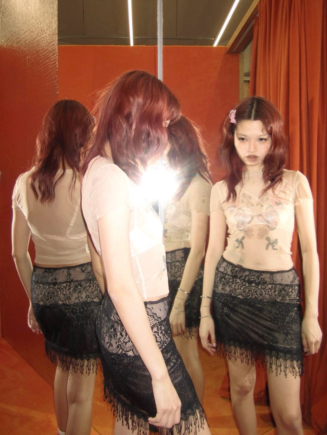 Beige Sheer Overlay T-shirt