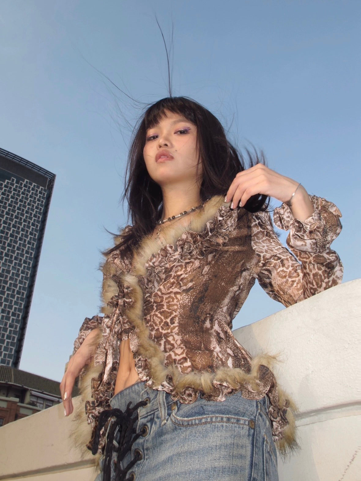 Leopard Gilded Wild Chic Cinched Ruffle Trim Tie-Front Cardigan