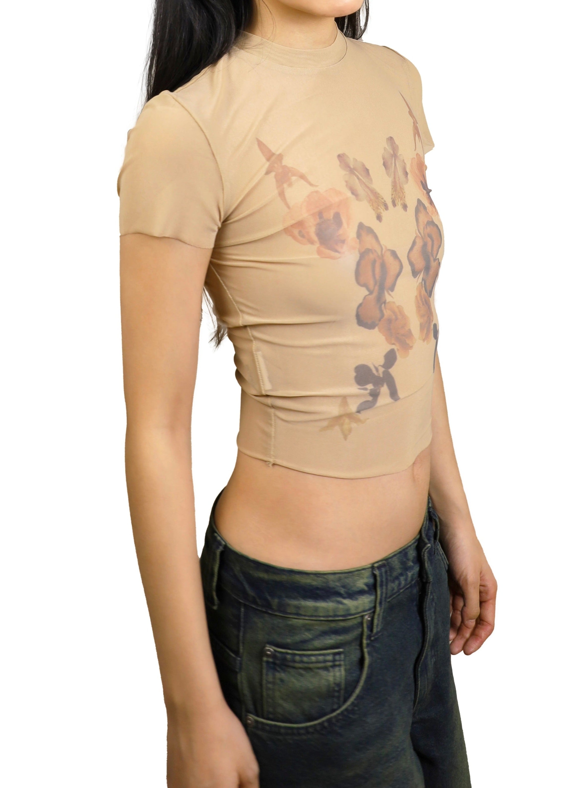 Beige Sheer Overlay T-shirt