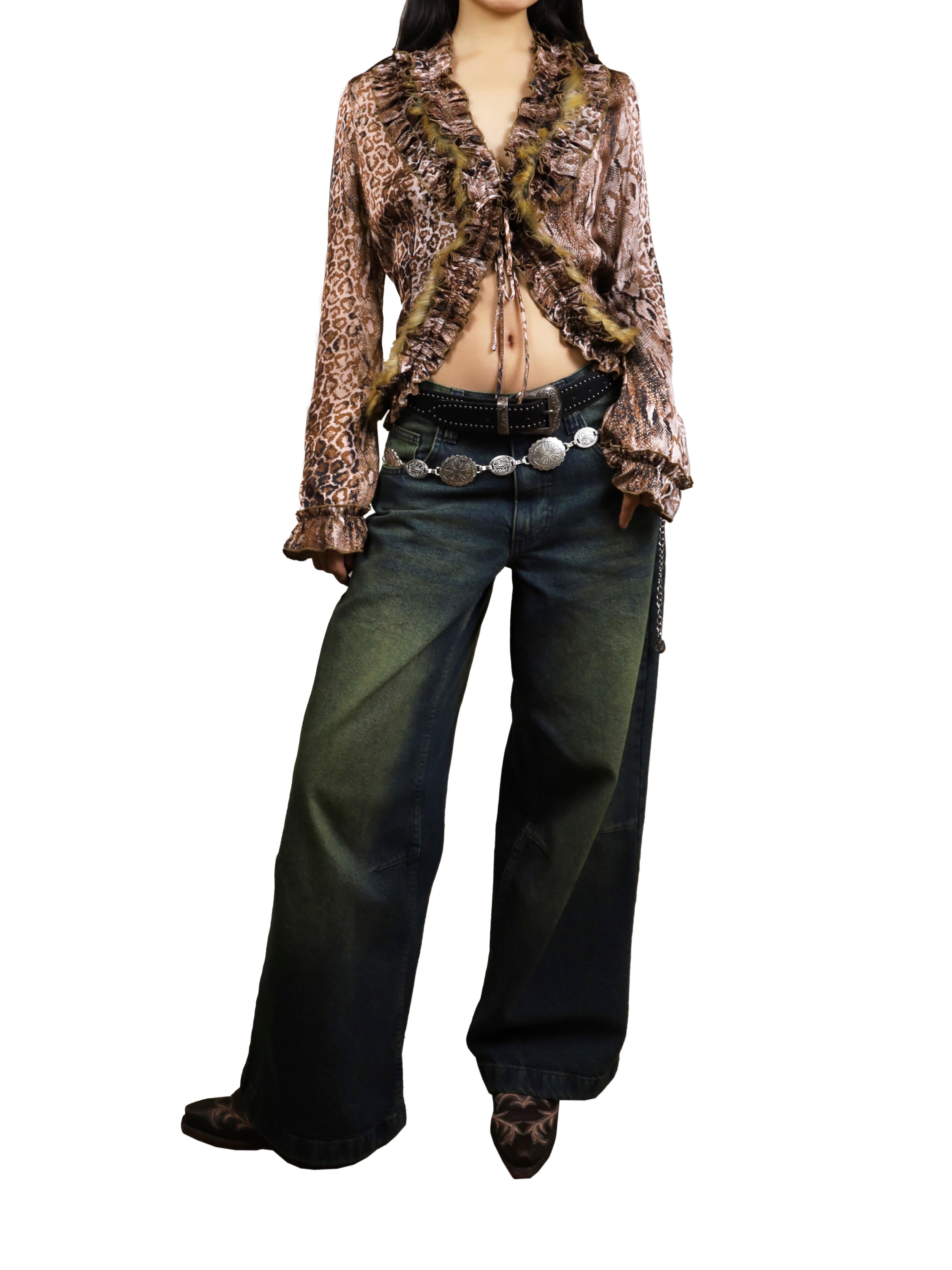 Leopard Gilded Wild Chic Cinched Ruffle Trim Tie-Front Cardigan