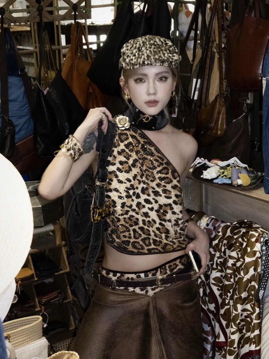 Single Shoulder Leopard Print Top