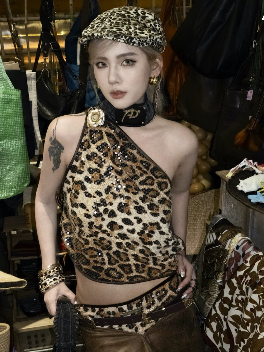 Single Shoulder Leopard Print Top