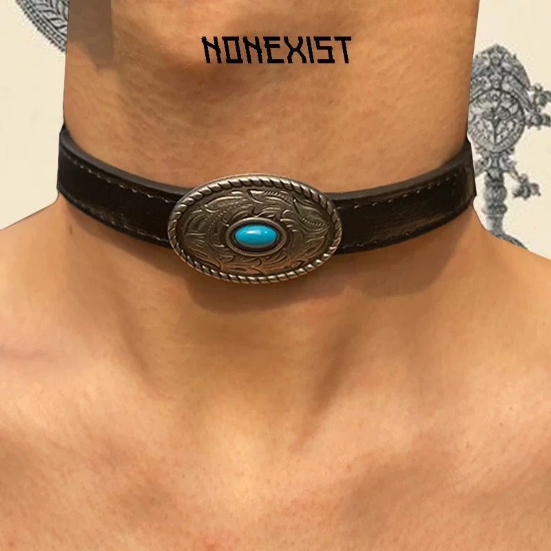 Tibetan Metal Totem Leather Texture Choker