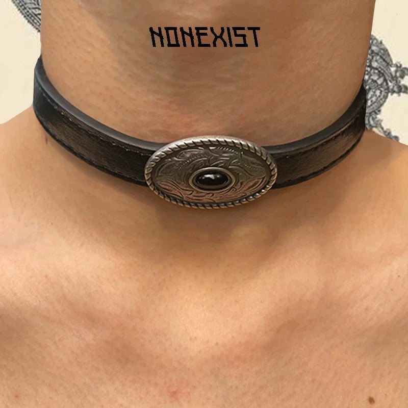 Tibetan Metal Totem Leather Texture Choker